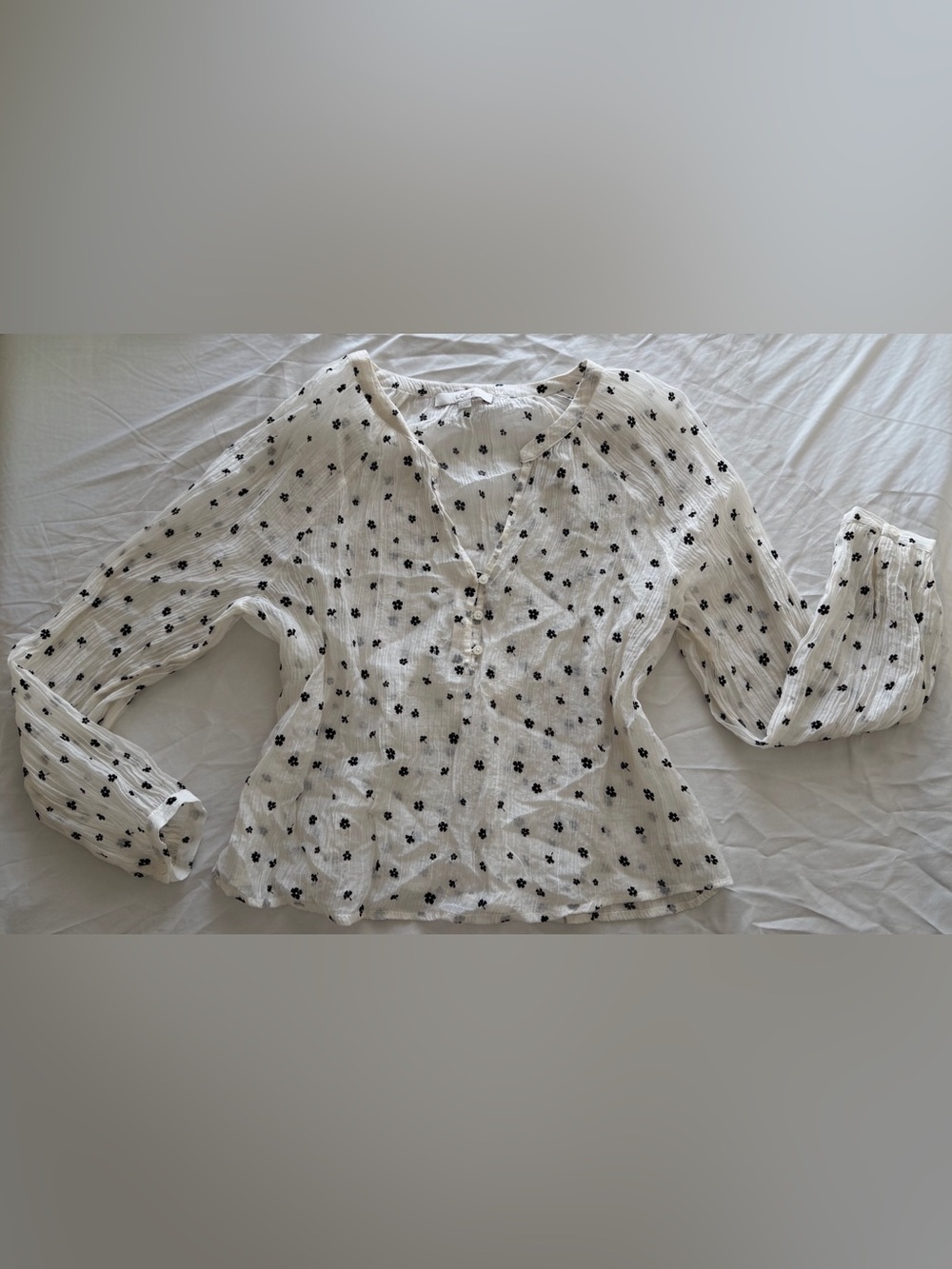 LOFT White Button-Up Blouse with Black Floral Print